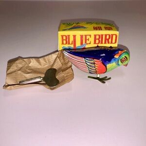Vintage Tin Litho Wind-Up Blue Bird Complete in Original Box & Key - NOS! Magpie